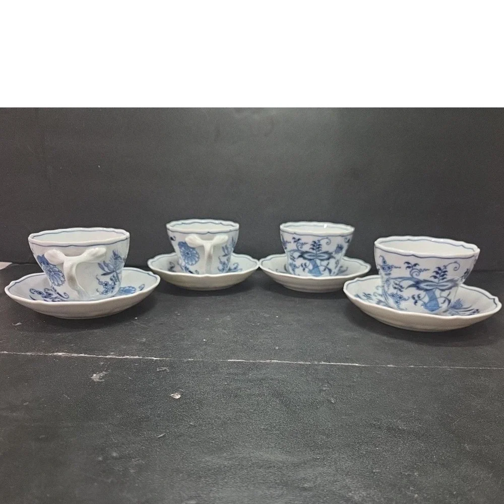 Blue Danube Onion Tea Cups & Saucers, Set of 4, Original Ribbon Banner Backstamp